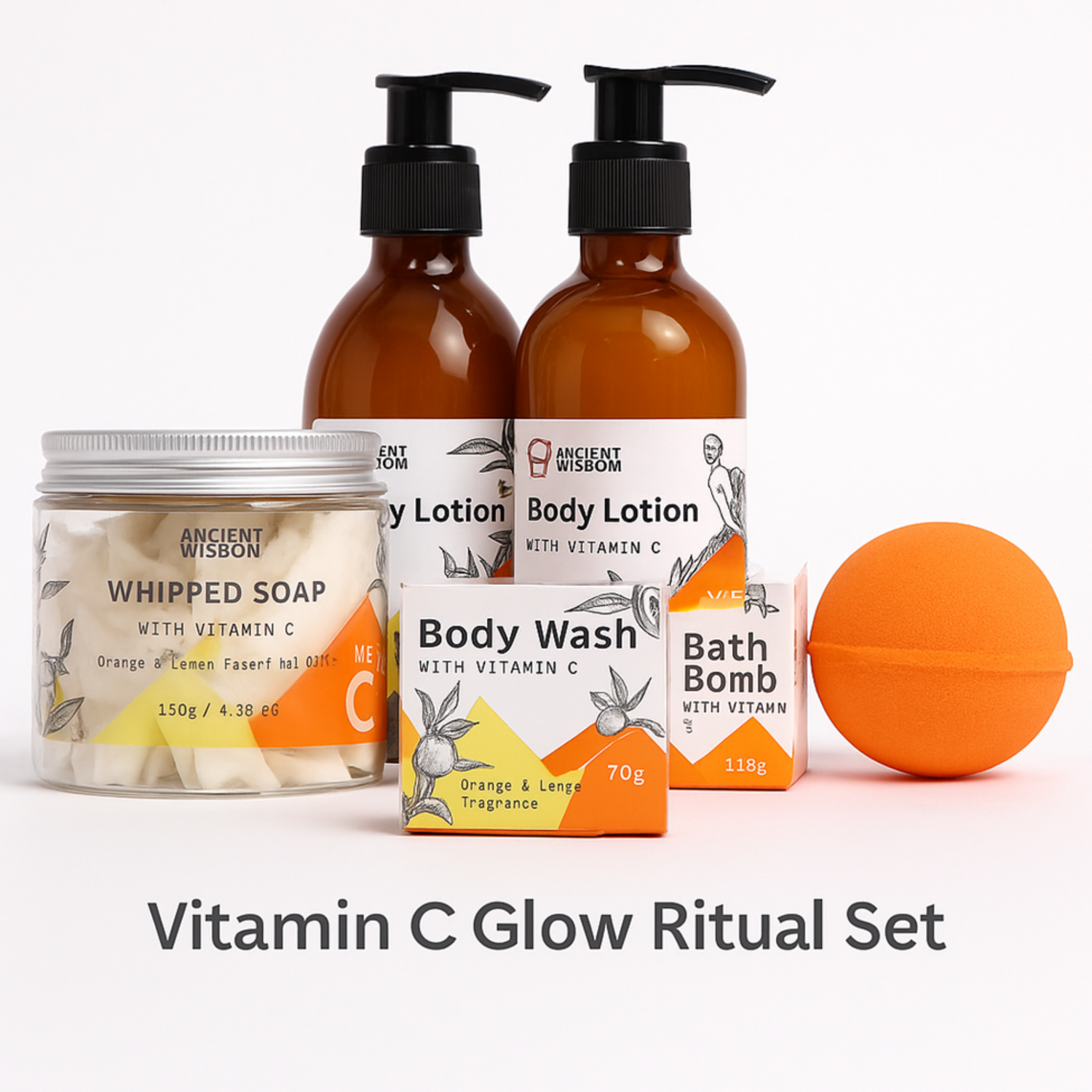 Lumaysa Vitamin C Glow Ritual Set featuring body wash, body lotion, whipped soap, and bath bomb with orange and lemon fragrance on a clean white background