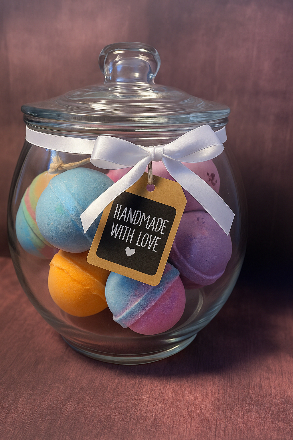 Glass jar filled with colorful handmade bath bombs, decorated with a white ribbon and a “Handmade with Love” tag, styled for a self-care and gift-inspired display.