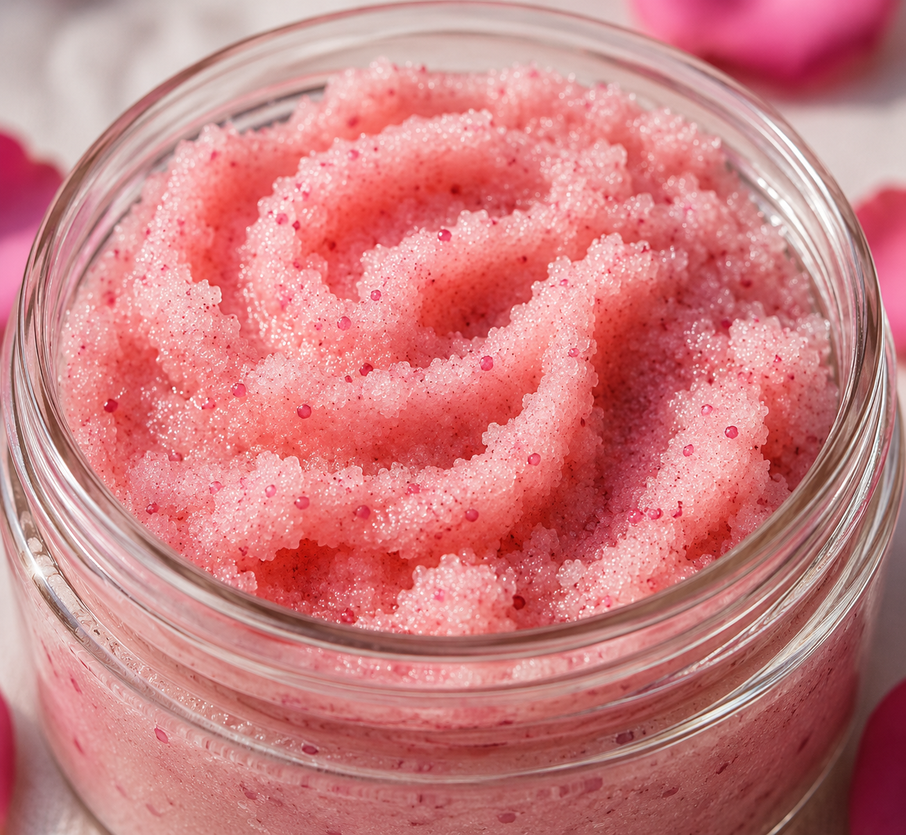 Close-up of a pink whipped sugar body scrub in a clear glass jar with soft rose-inspired swirls and sparkling sugar crystals, photographed in natural light.