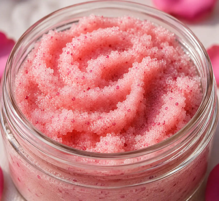 Close-up of a pink whipped sugar body scrub in a clear glass jar with soft rose-inspired swirls and sparkling sugar crystals, photographed in natural light.