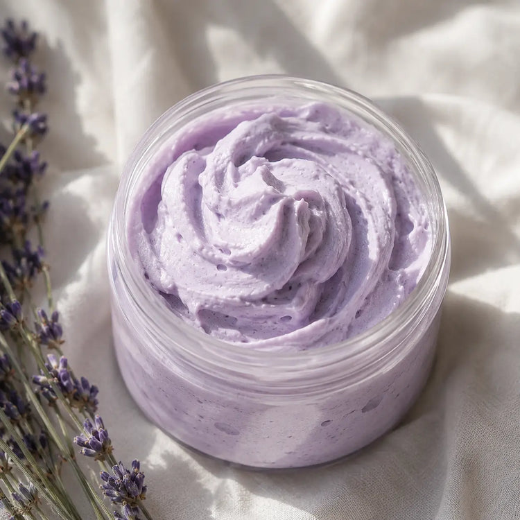 Close-up of a whipped lavender soap cream in a clear glass jar with a soft fluffy texture, surrounded by lavender sprigs on a white linen background in natural light.