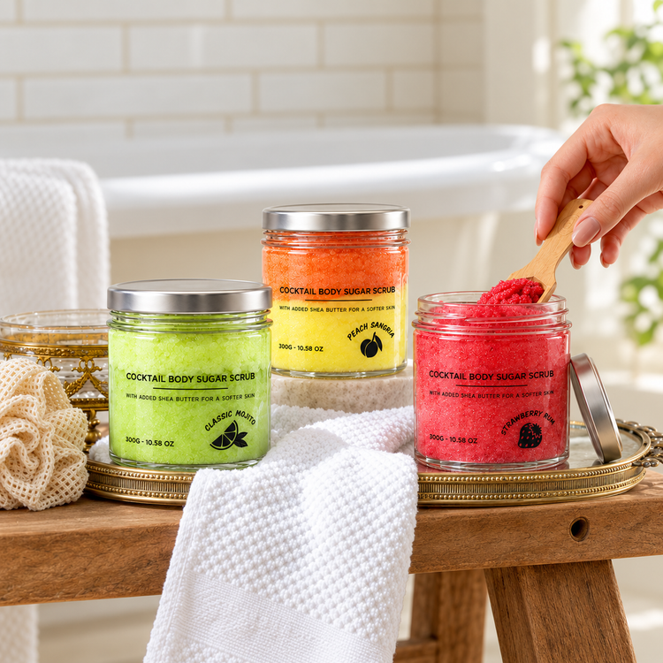 Classic Mojito, Peach Sangria and Strawberry Rum sugar body scrubs displayed in a bright spa setting, with a wooden scoop lifting the strawberry scrub.