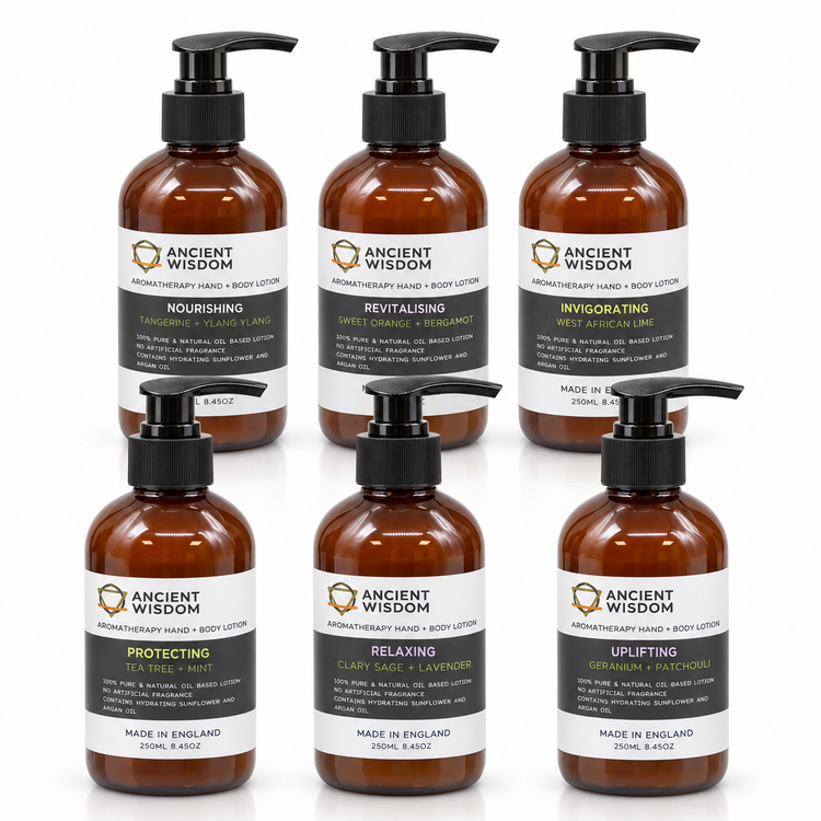 Six Ancient Wisdom Aromatherapy Hand and Body Lotions in amber 250ml pump bottles displayed as a clean product collection on a white background.