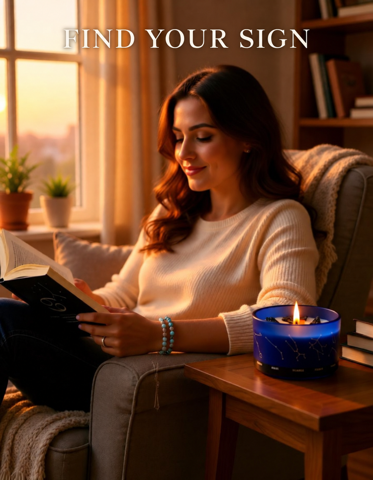 Woman relaxing beside a lit zodiac crystal soy candle and wearing a gemstone bracelet