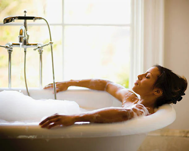Self-care bath ritual with glowing skin, natural body care and relaxing spa experience
