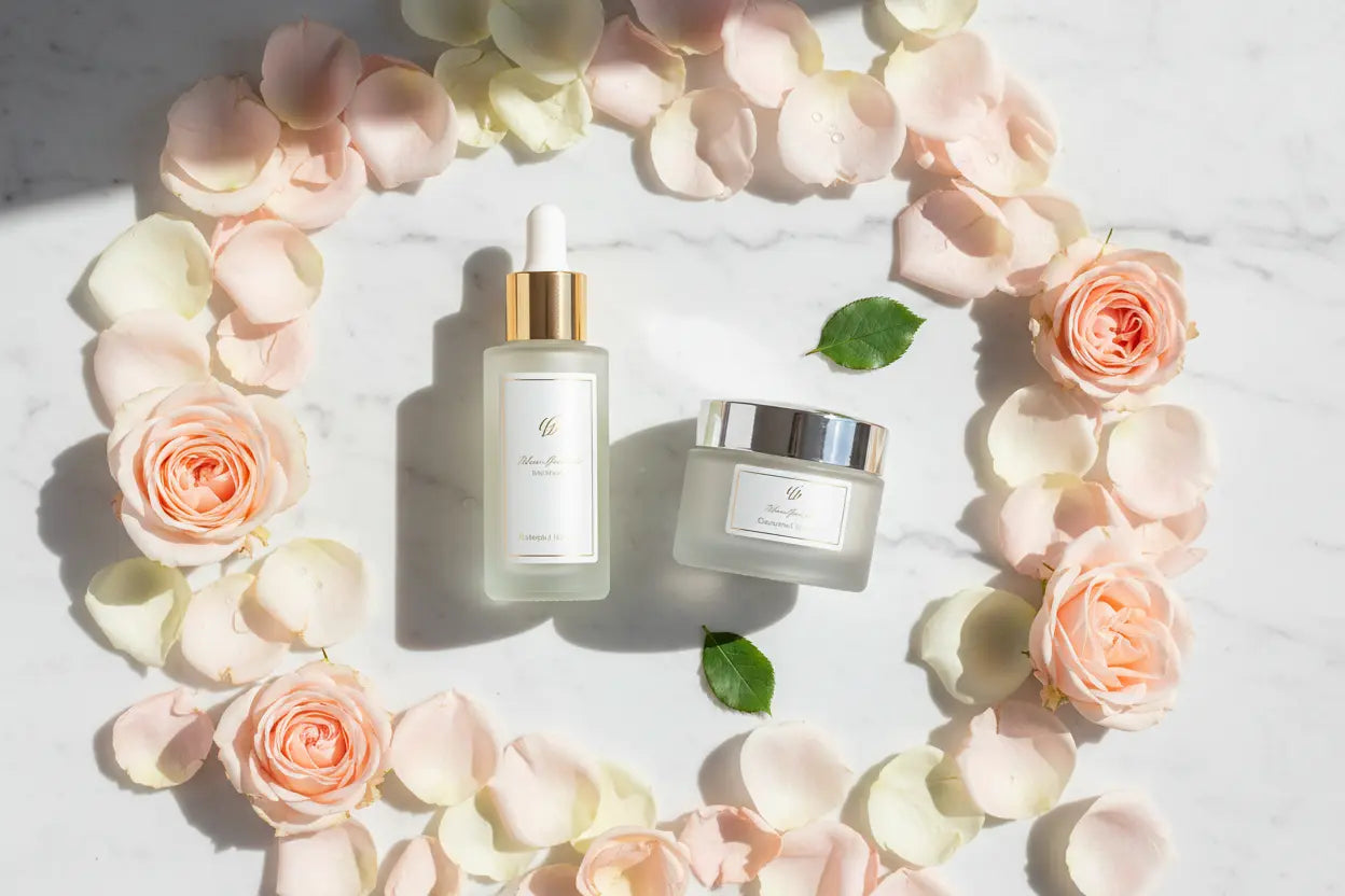 Luxury face skincare serum and moisturizer with roses