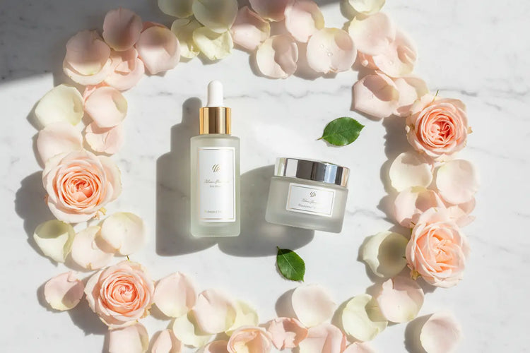Luxury face skincare serum and moisturizer with roses