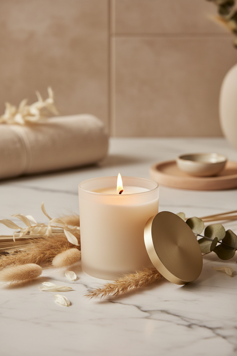Luxury soy wax candle, warm candlelight, spa ritual aesthetic