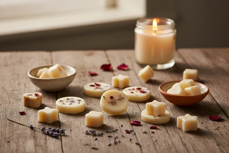 Assorted soy wax melts with dried botanicals and a candle on a wooden table