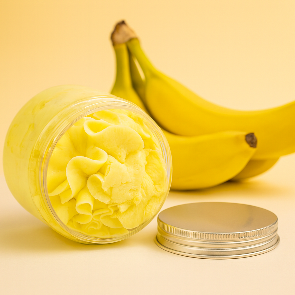 Lumaysa Banana Whipped Cream Soap 120g with ripe bananas, creamy whipped texture in an open jar, vegan SLS-free body soap made in the UK
