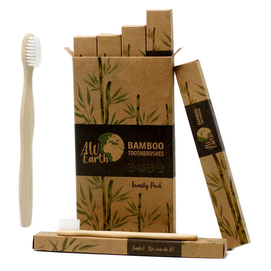 Lumaysa Family Bamboo Toothbrushes eco 4-pack with natural bamboo handles and white bristles in plastic-free kraft packaging