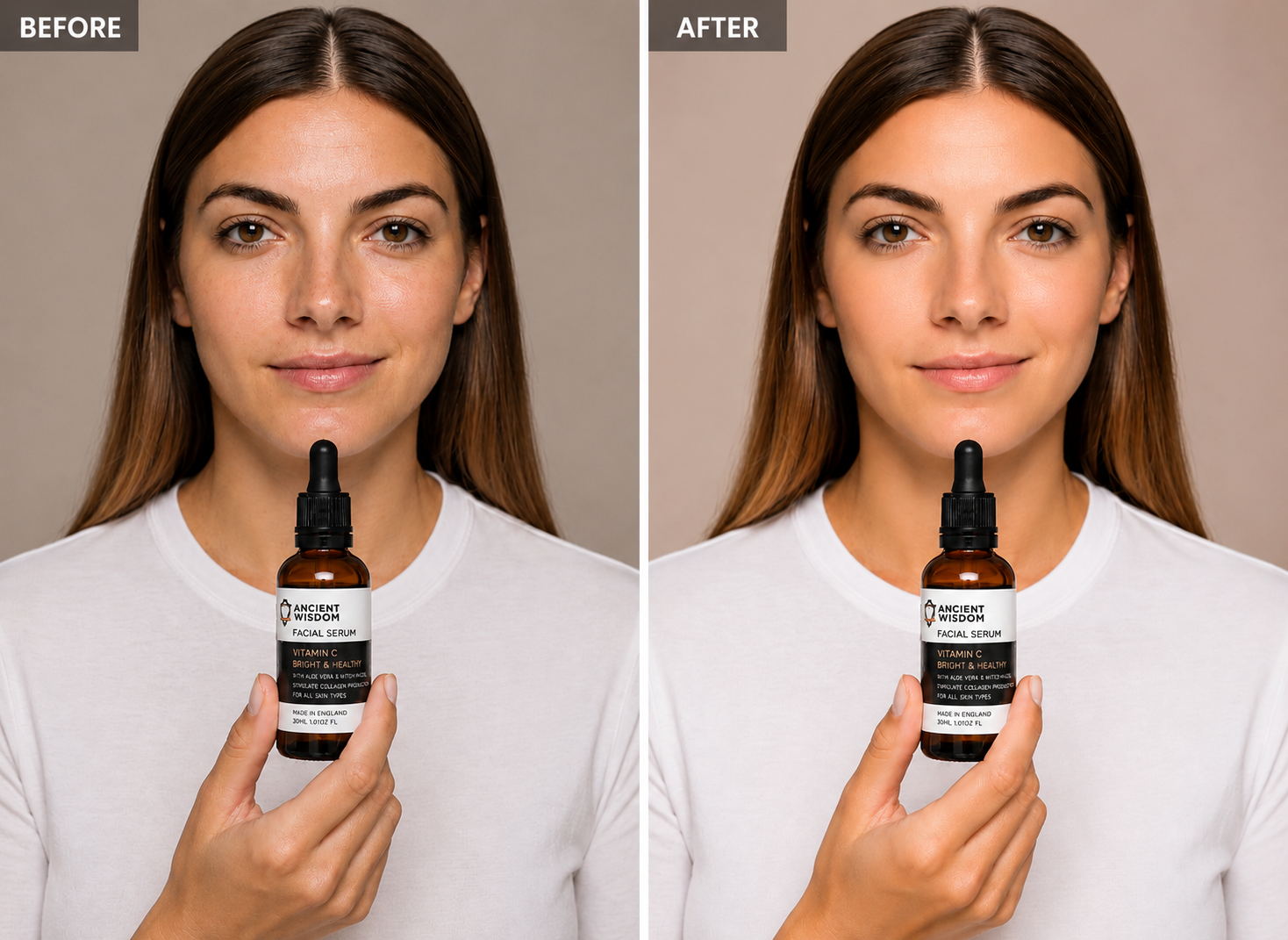 Before and after comparison of a woman holding a bottle labeled 'Nourishing Face Serum'.