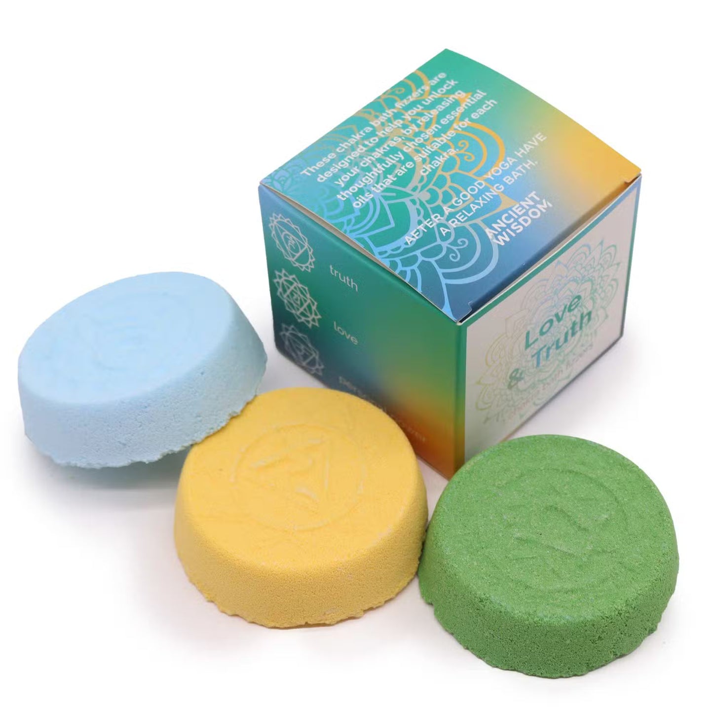 Close-up of Lumaysa Love & Truth chakra bath fizzers with mandala gift box, blue green and yellow fizzers made in the UK, vegan bath accessories.