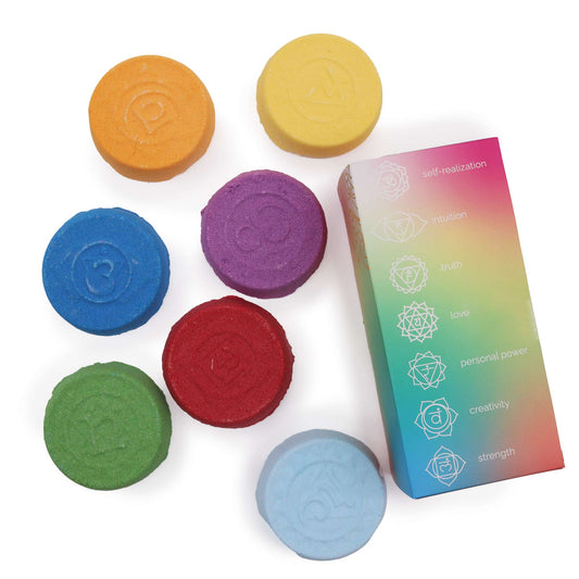 Seven colourful chakra bath fizzers arranged with Lumaysa chakra guide card, essential oil infused vegan bath bombs for holistic wellness and meditation rituals