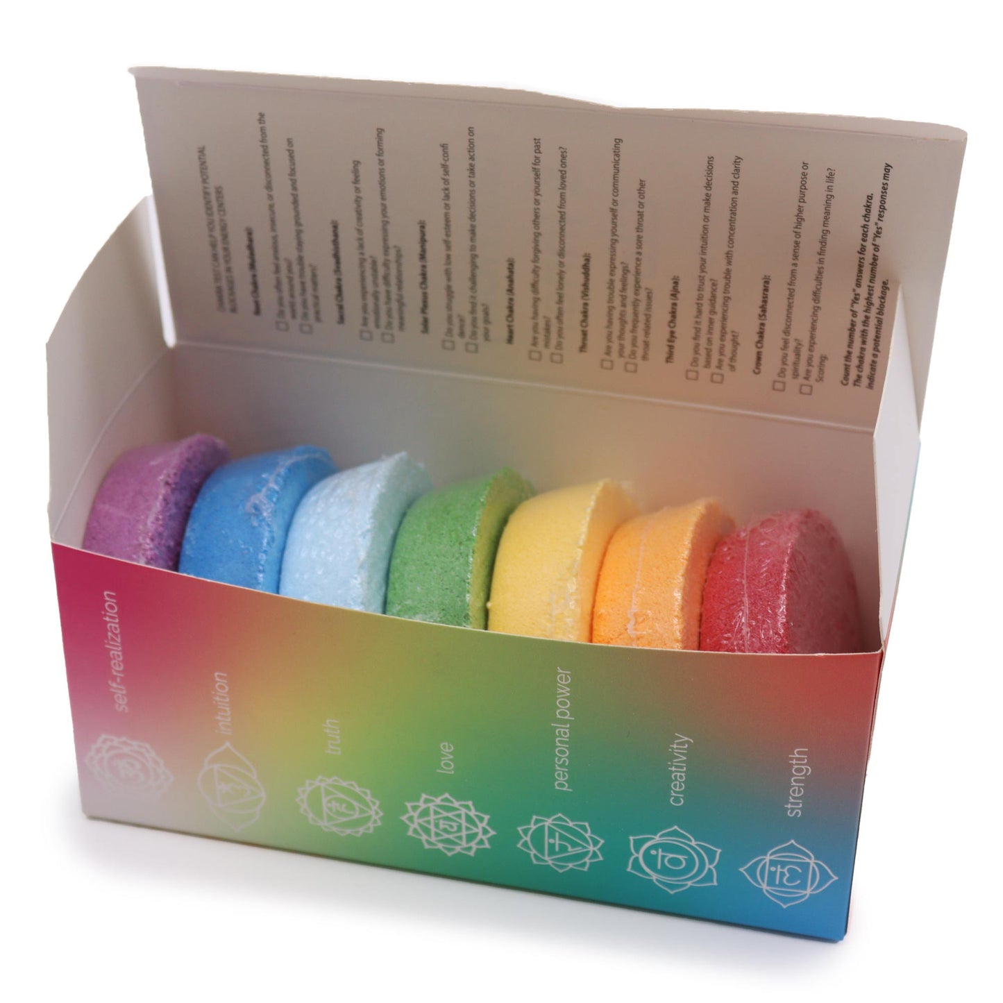 Open Lumaysa Chakra Harmony gift box showing seven handmade chakra bath fizzers inside recyclable mandala packaging, luxury wellness bath gift set