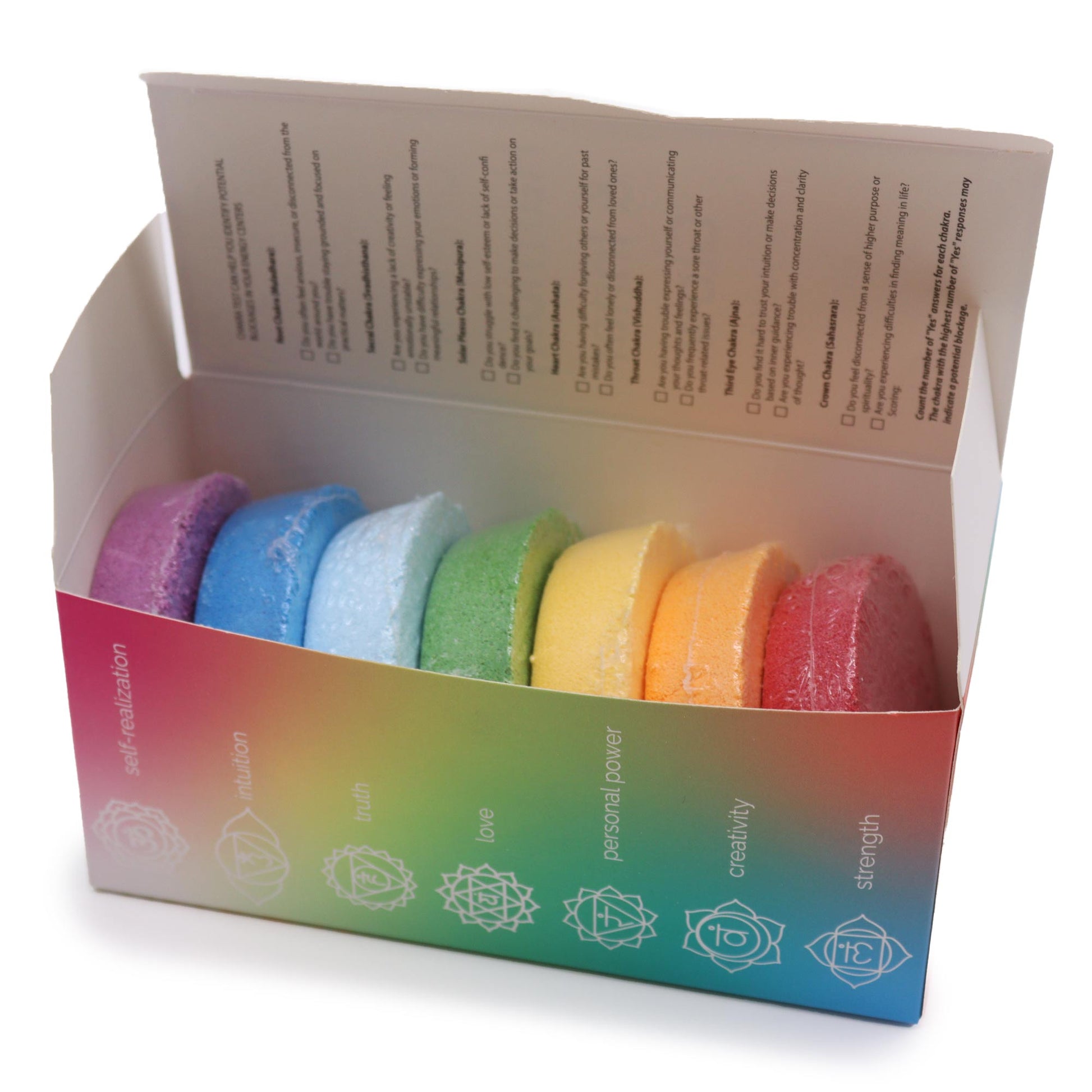 Open Lumaysa Chakra Harmony gift box showing seven handmade chakra bath fizzers inside recyclable mandala packaging, luxury wellness bath gift set