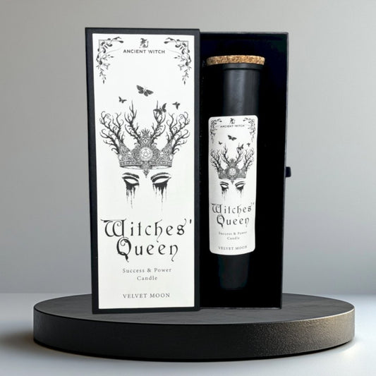 Lumaysa Witches’ Queen ritual candle Velvet Moon Power edition in matte black luxury packaging on display stand
