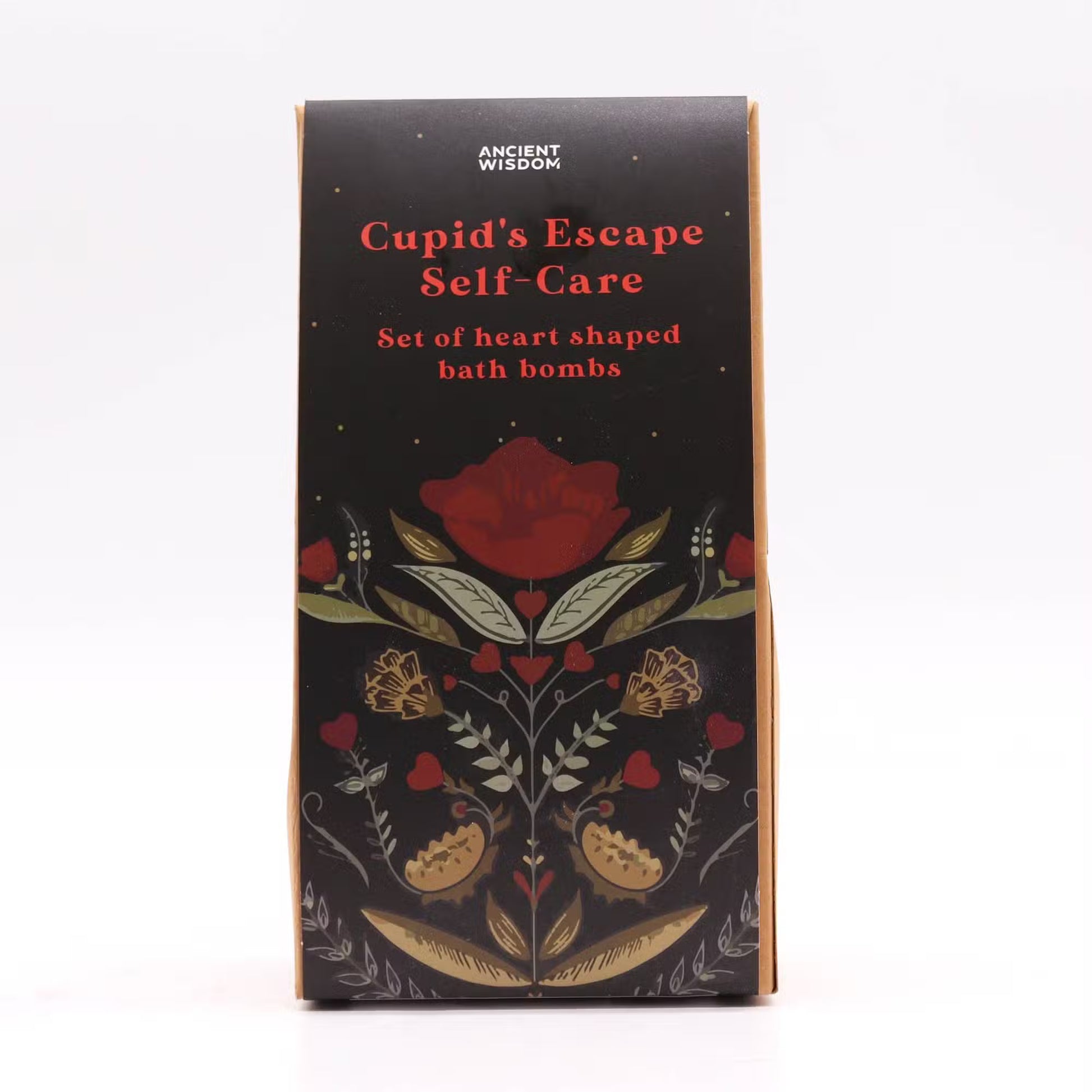 Front view of Lumaysa Purple Serenity heart bath bomb gift set packaging with dark floral design and lavender fragrance branding