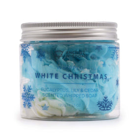 Lumaysa White Christmas Whipped Cream Soap 120g – blue and white whipped soap with eucalyptus, lily & cedar fragrance in a clear jar.