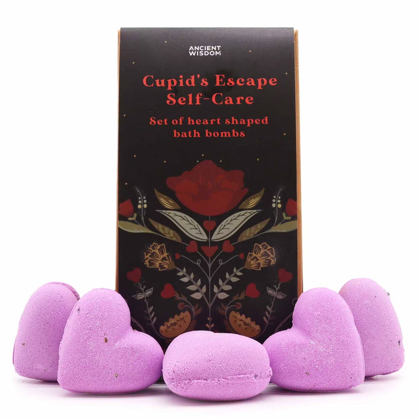 Lumaysa Purple Serenity heart bath bomb gift set with dark floral box and purple lavender heart-shaped bath bombs on a clean studio background