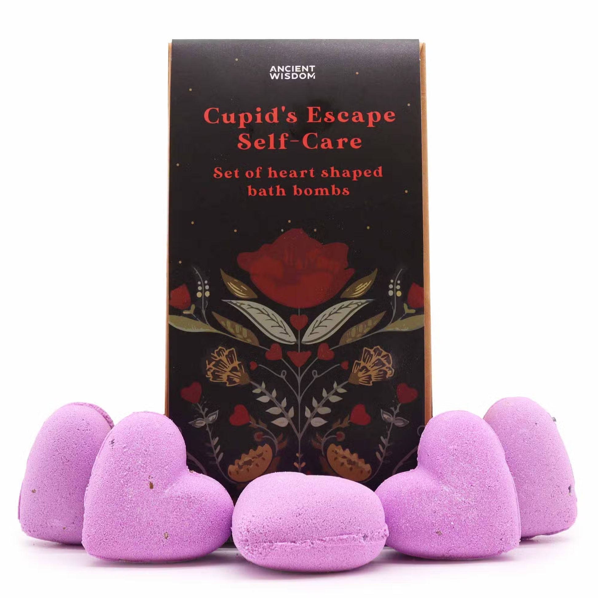 Lumaysa Purple Serenity heart bath bomb gift set with dark floral box and purple lavender heart-shaped bath bombs on a clean studio background