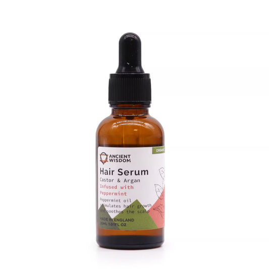 Lumaysa Peppermint Hair Serum 30ml in amber glass dropper bottle, infused with peppermint, castor and argan oils for refreshing scalp care, made in England