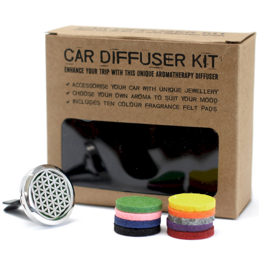 Car diffuser kit with packaging, diffuser, and fragrance felt pads on a white background