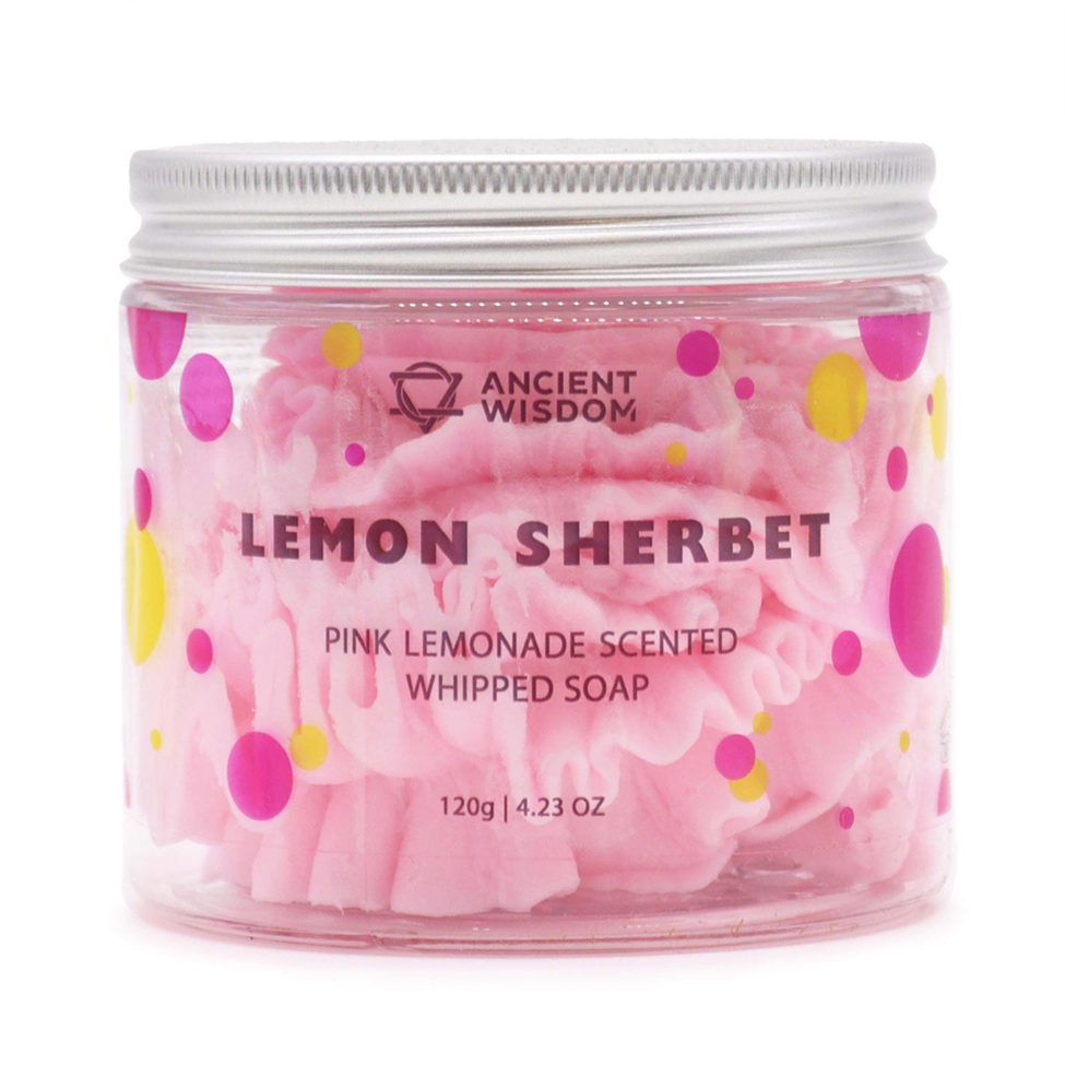 Lumaysa Pink Lemonade Whipped Cream Soap 120g in a clear jar, pink whipped texture, vegan SLS-free whipped soap, white background