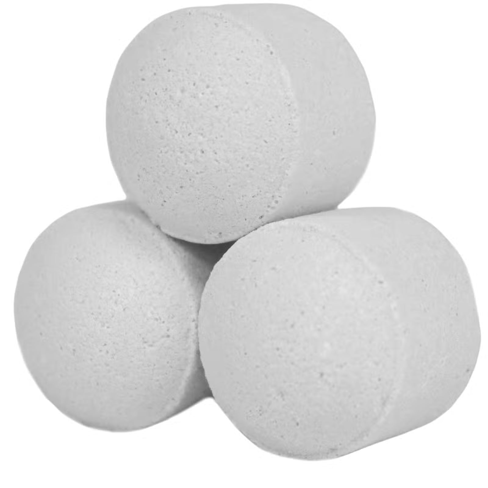 Minimal product shot of three white bath bomb chill pills, handmade vegan coconut bath fizzers by Lumaysa for spa baths.
