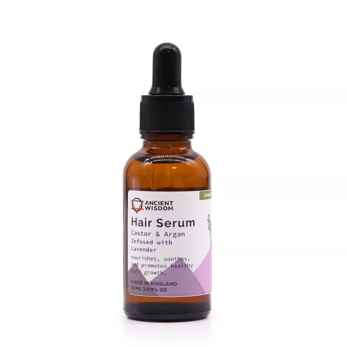 Lumaysa Serenity Elixir lavender hair serum in amber glass bottle with dropper, calming botanical hair oil for scalp soothing and natural shine