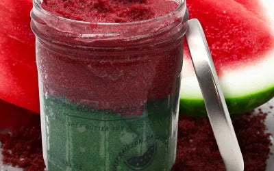 Lumaysa Tropical Crush – Watermelon Daiquiri Sugar Body Scrub in a two-tone red and green jar with watermelon background.