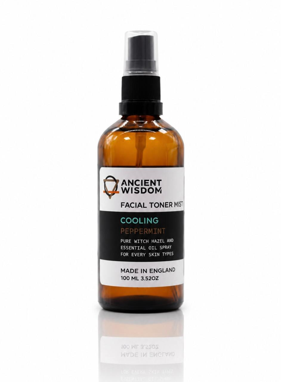 Lumaysa Cooling Peppermint Hydrating Toner Mist 100ml with witch hazel and peppermint essential oil in an amber glass spray bottle, made in the UK