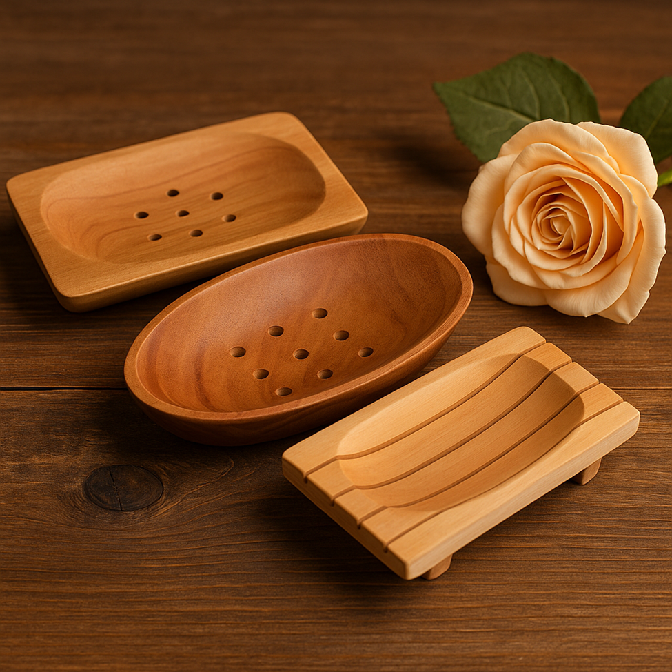 Lumaysa mahogany wood soap dishes in classic, slim flow, and oval shapes with natural drainage holes