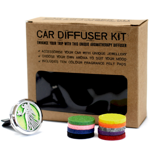 Car diffuser kit with packaging and colorful fragrance felt pads on a white background