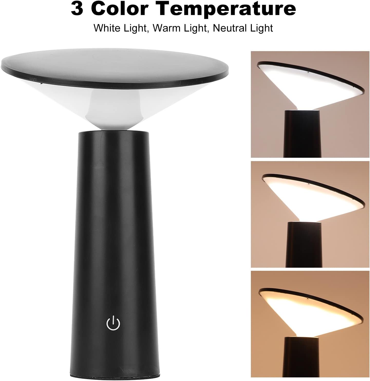 Lumaysa Black Mushroom Touch Table Lamp showing three LED light temperatures – white, warm, and neutral – cordless rechargeable ambient table lamp