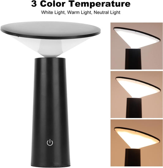 Lumaysa Black Mushroom Touch Table Lamp showing three LED light temperatures – white, warm, and neutral – cordless rechargeable ambient table lamp