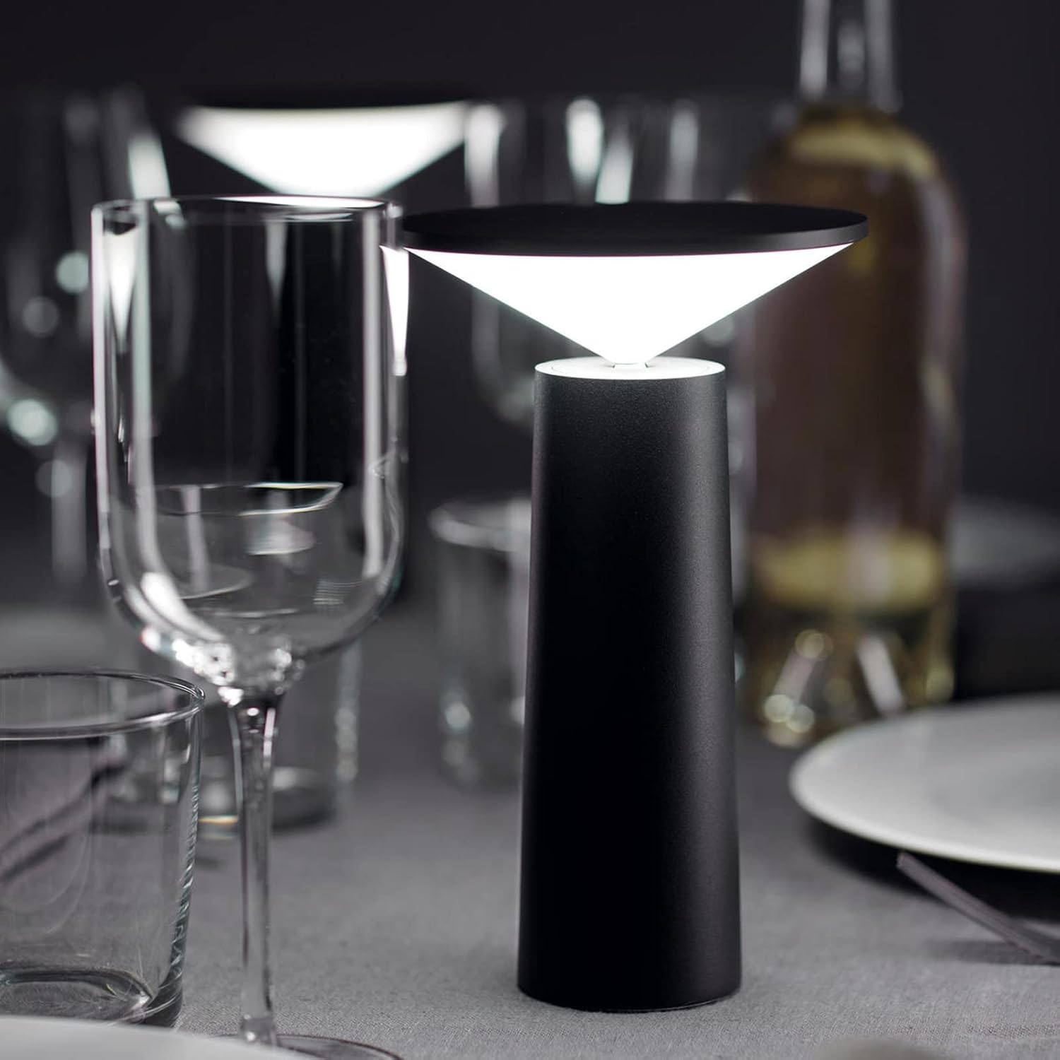 Lumaysa Black Mushroom Touch Table Lamp creating soft ambient LED light on a modern dining table with glassware