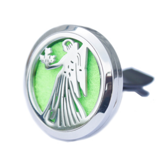 Decorative car air freshener with angel emblem on a white background