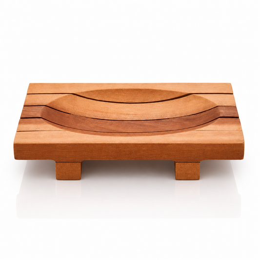 Wooden footstool with a unique design on a white background