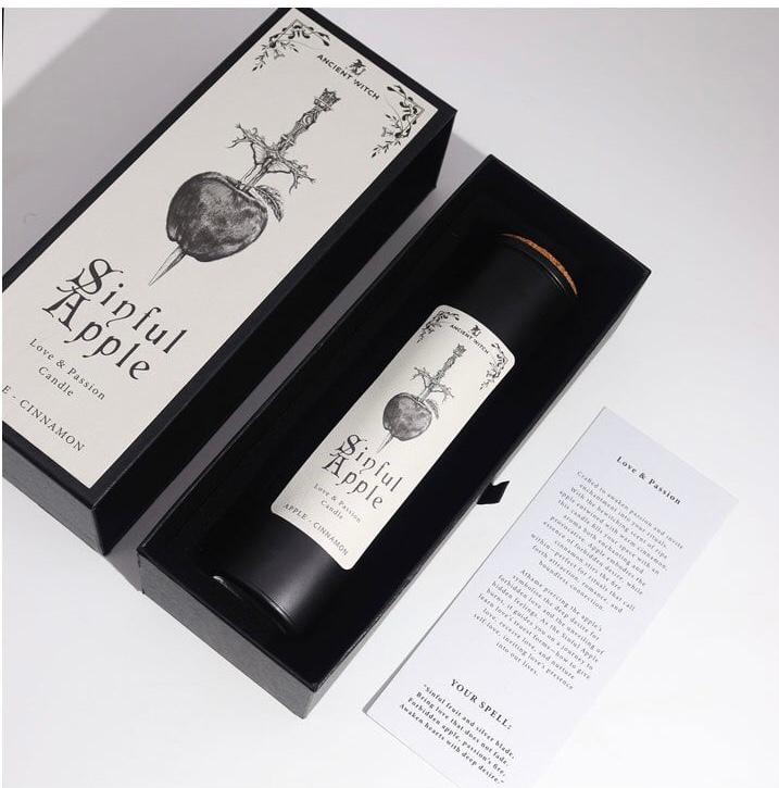 Sinful Apple love and passion ritual candle with symbolic spell card and luxury gift packaging