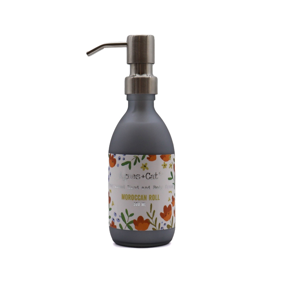 Lumaysa Moroccan Bliss Hand & Body Lotion 300ml in a grey pump bottle on a white background, vegan and cruelty-free body moisturiser.