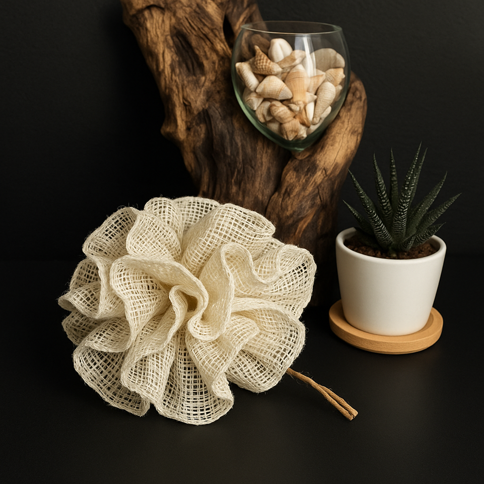 Lumaysa CloudTouch natural ramie shower puff styled as an eco-friendly bath accessory