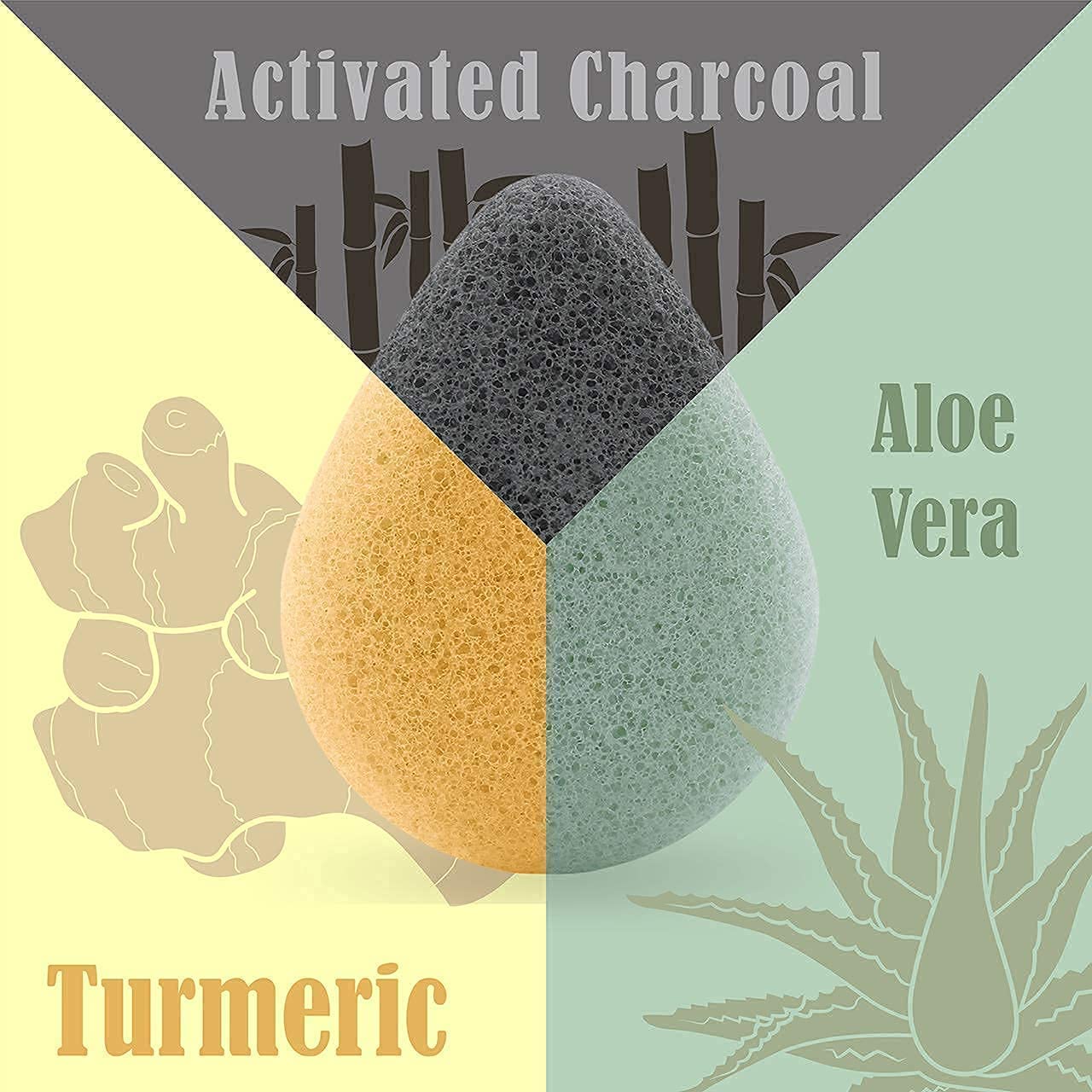 Lumaysa Konjac Facial Sponges collection showing Aloe Vera, Charcoal, and Turmeric variants