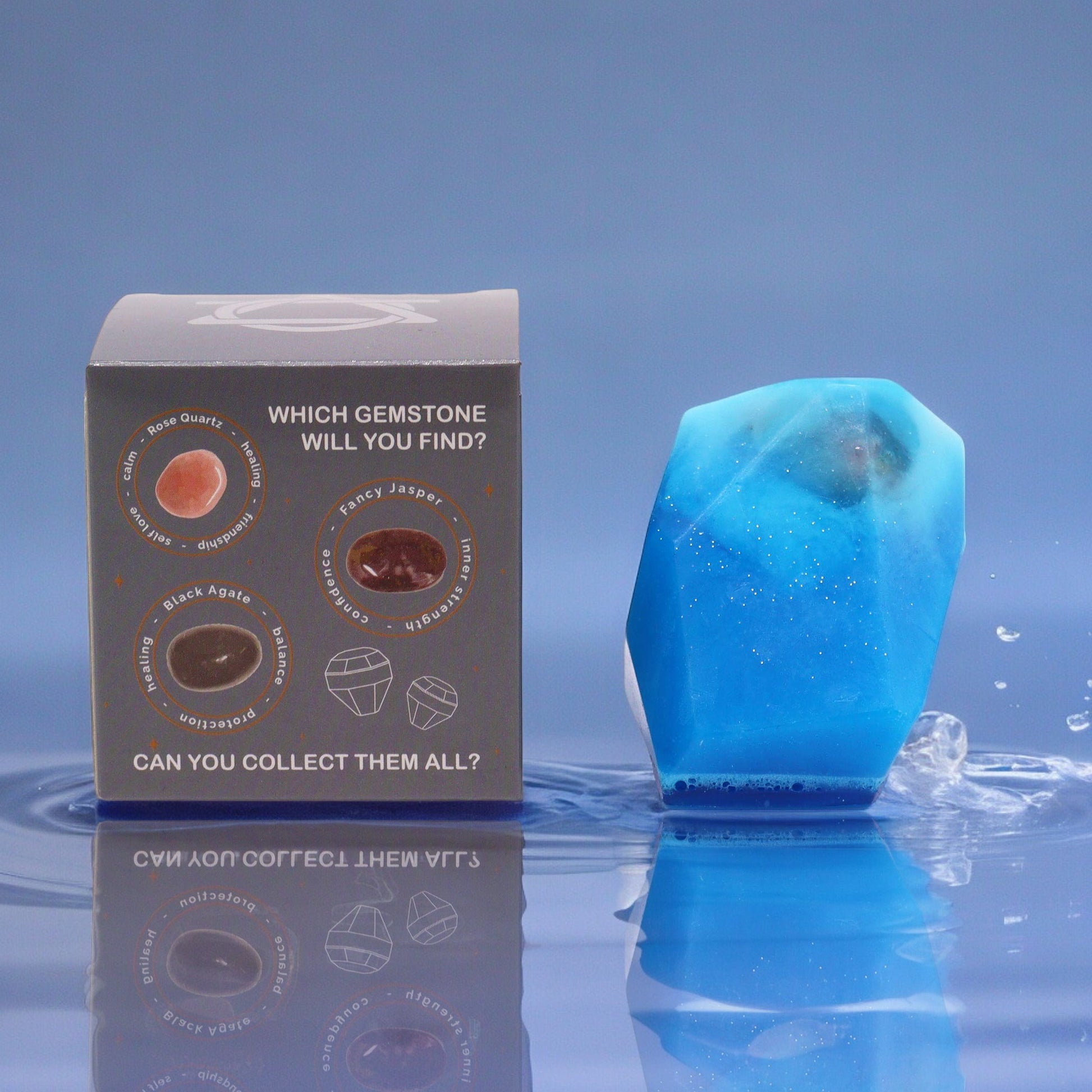 Lumaysa Elemental Crystal Soap – Water & Ice; blue gemstone-shaped bar with gift box on reflective water surface; handmade vegan