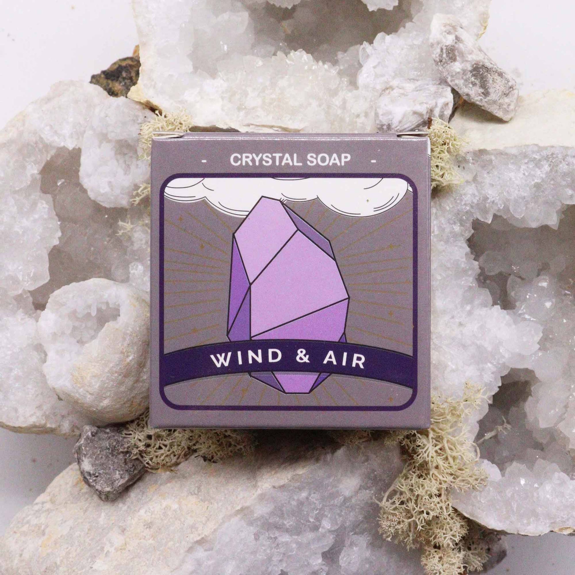 Lumaysa Elemental Air Crystal Soap – Wind & Air edition with purple packaging displayed on crystals.