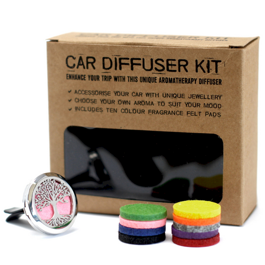 Car diffuser kit with packaging and colorful fragrance felt pads on a white background