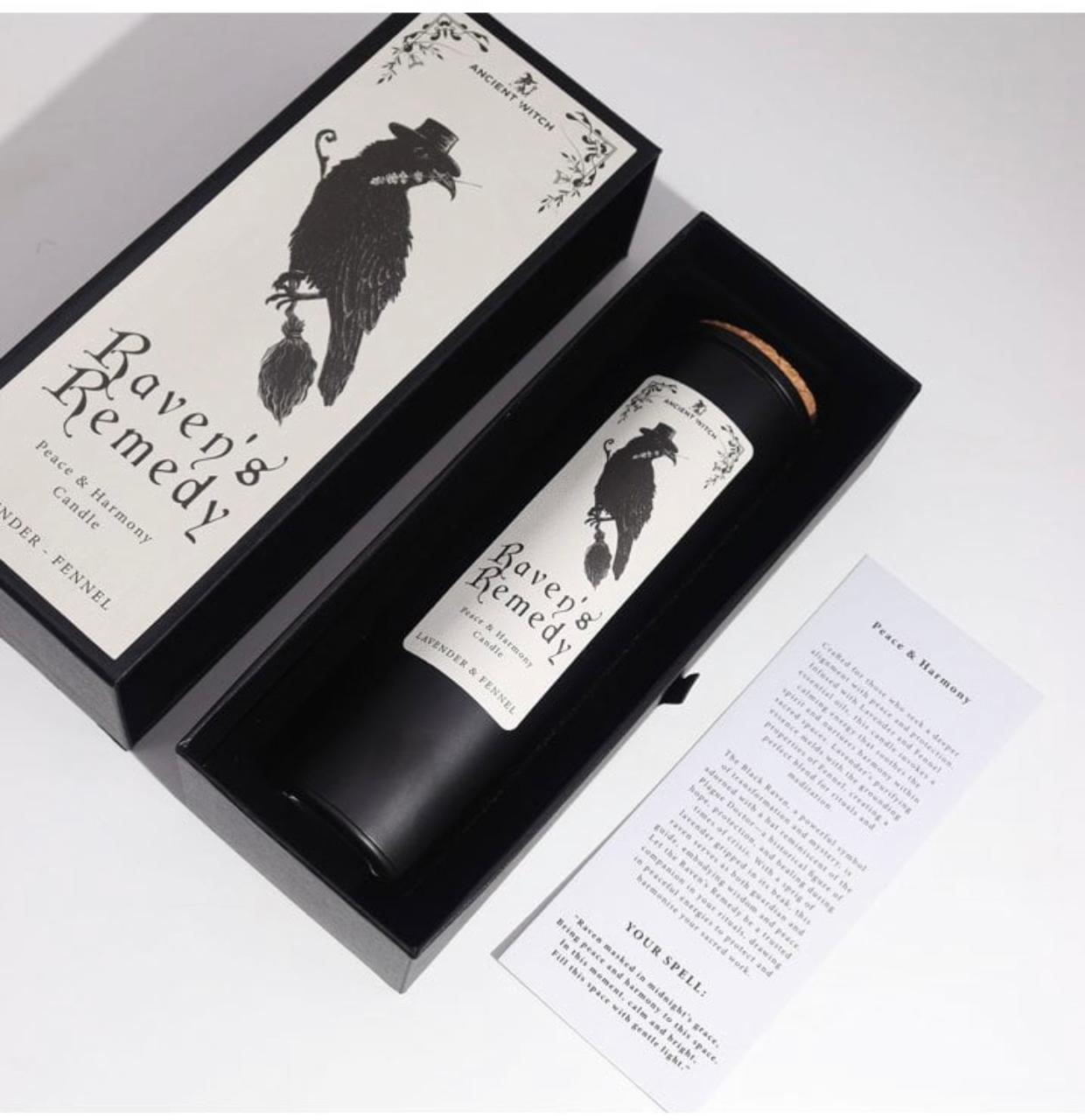 Candle packaging with 'Raven's Remedy' branding on a white background