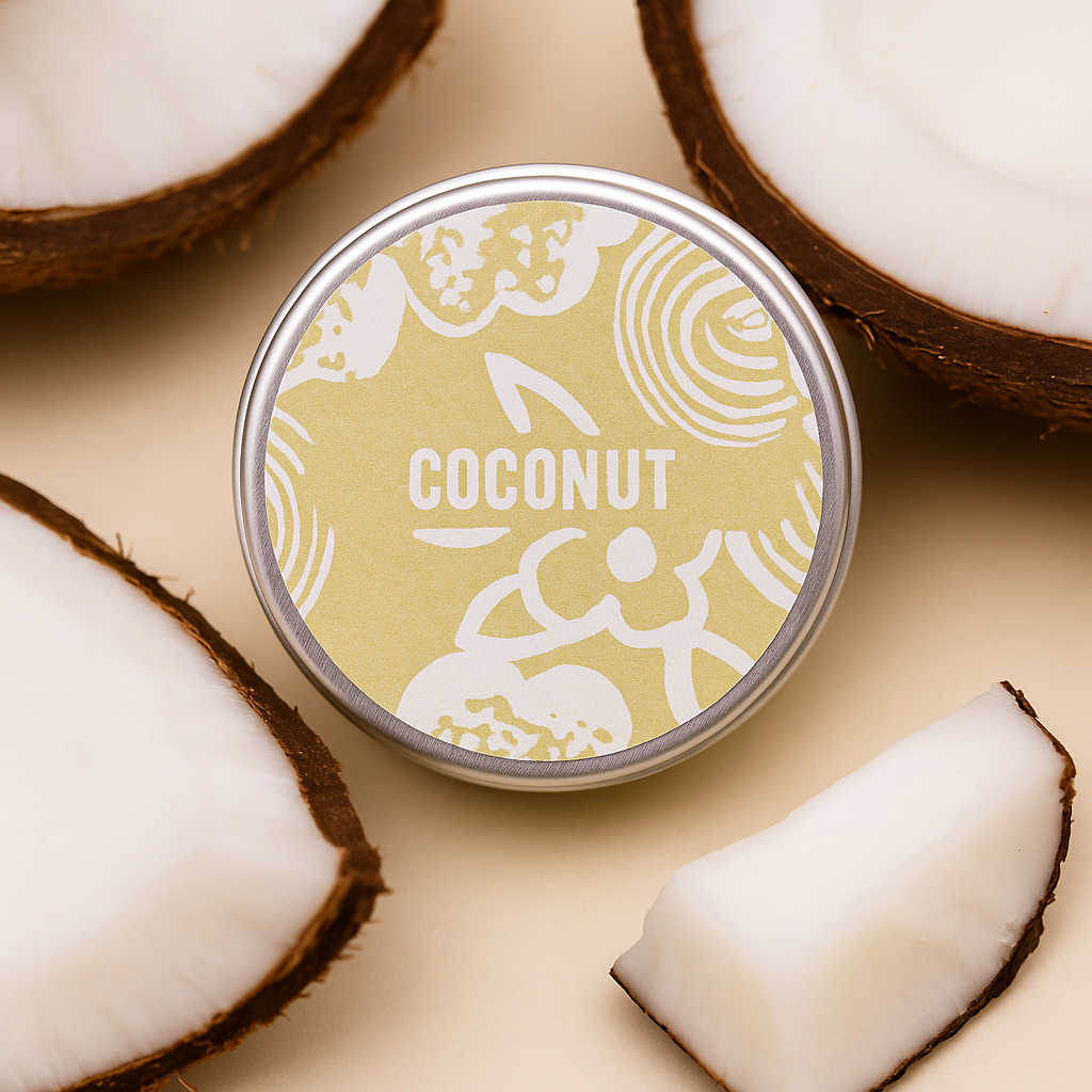 Lumaysa Tropical Bliss Coconut vegan lip balm tin surrounded by fresh coconut pieces, highlighting its creamy tropical inspiration.