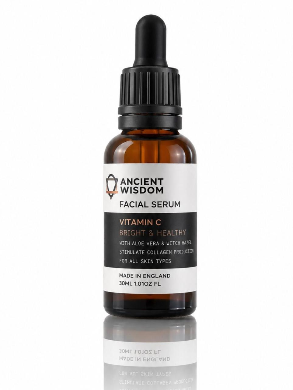 Facial serum bottle with dropper labeled 'Ancient Wisdom' on a white background