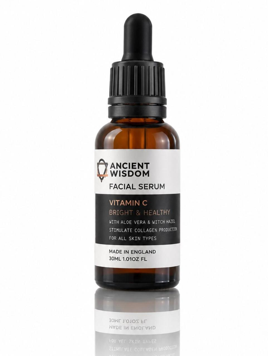 Facial serum bottle with dropper labeled 'Ancient Wisdom' on a white background